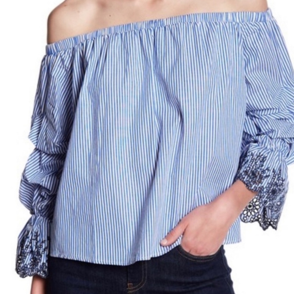 Astr Off-Shoulder Blue and White Striped Blouse